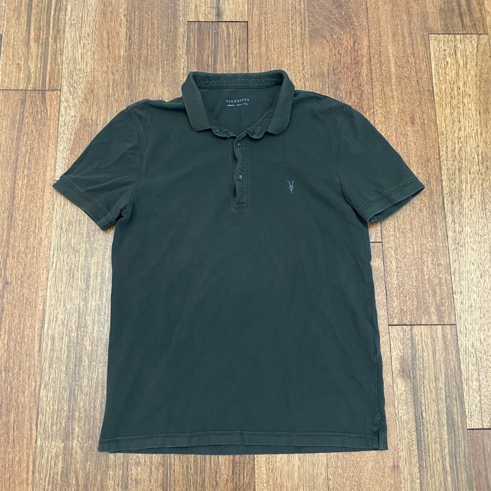 AllSaints Polo Shirt Men's Black 100% Cotton Logo Short Sleeve Medium